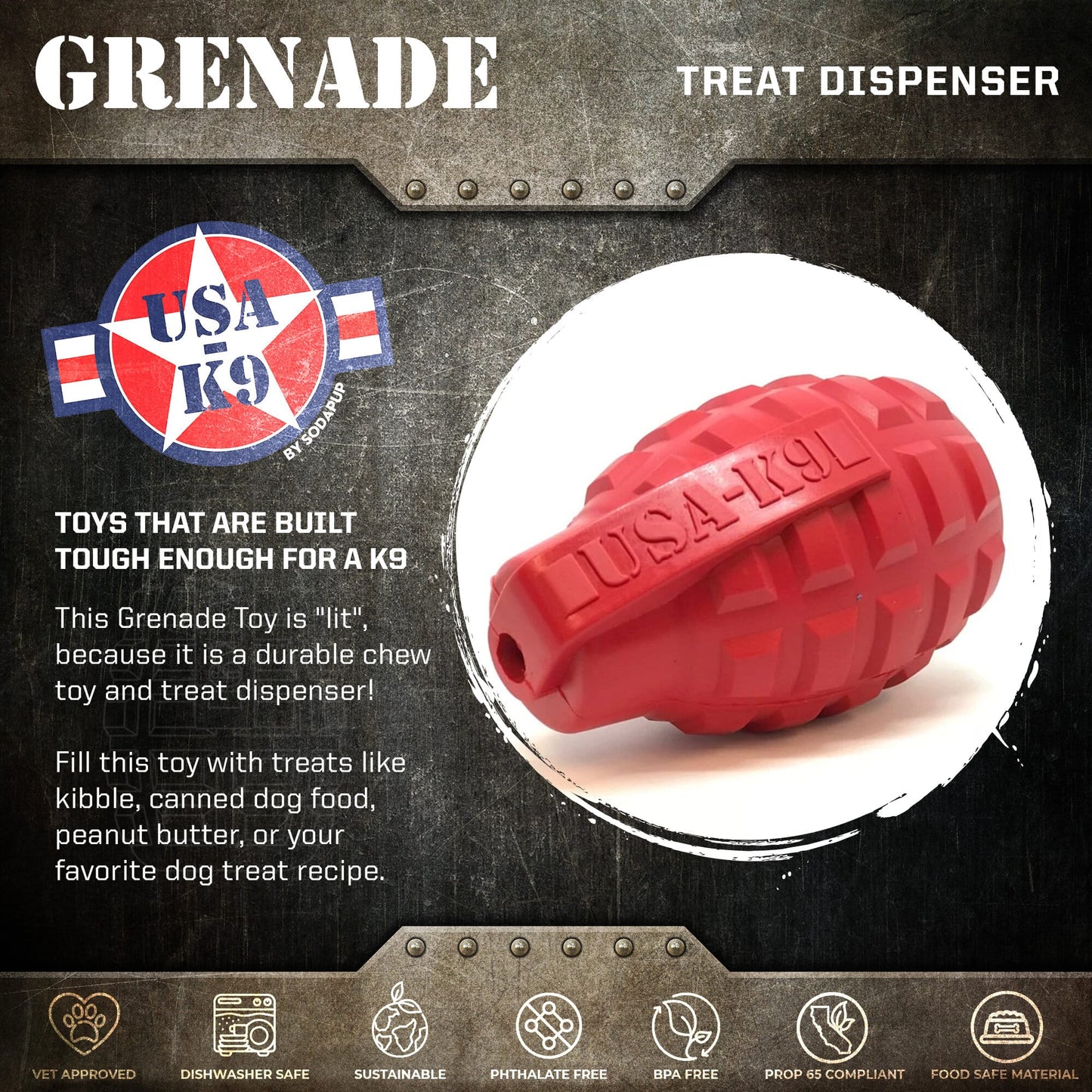 USA-K9 Grenade Shaped eDispenser Durable Dog Chew Toy & Treat Dispenser - Magnum Black
